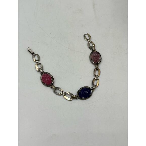 Scarab Multicolor Sterling Silver Bracelet Pinks Purples Fold Over Clasp - Picture 6 of 10